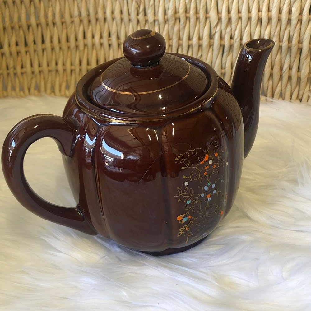 VINTAGE 1930's Brown Tea Pot From JAPAN w/ Hand Painted Floral Pattern with gold